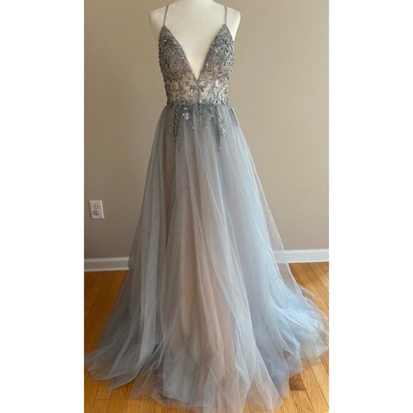 Andrea & Leo Couture A0672 NWT Smoky Blue Embellished Tulle Prom Ball Gown Sz 4 - Picture 3 of 16